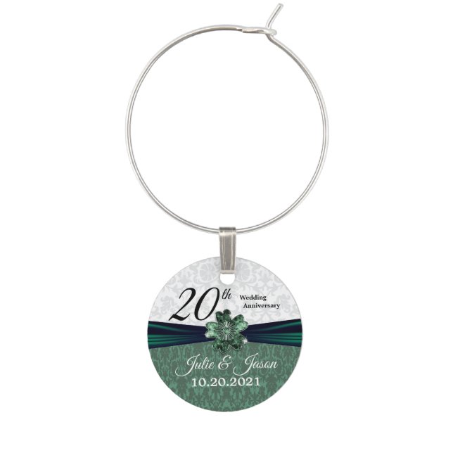 20th  Emerald Damask Wedding Anniversary Design Wine Charm (Front)