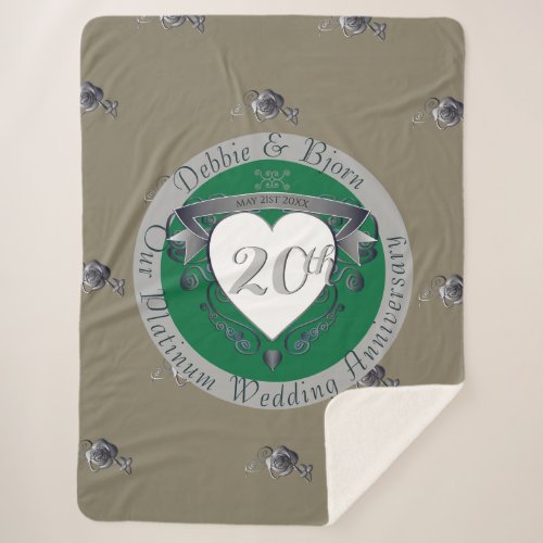 20th Emerald Green  Grey Heart Emblem Sherpa Blanket