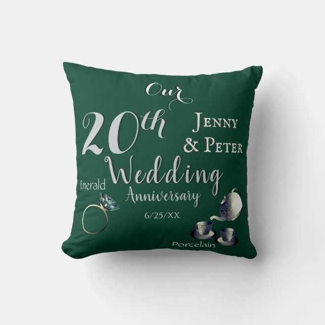 20th Emerald Porcelain Wedding Anniversary Throw Pillow (Front)
