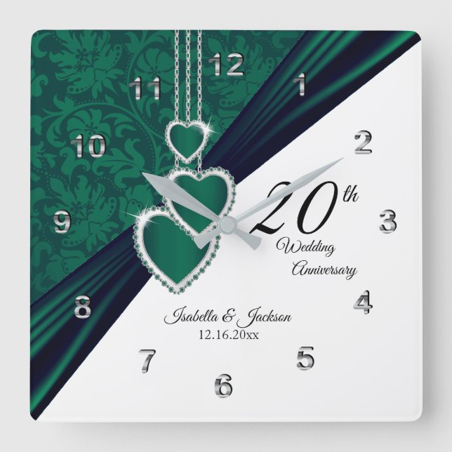 20th Emerald Wedding Anniversary Keepsake Square Wall Clock (Front)