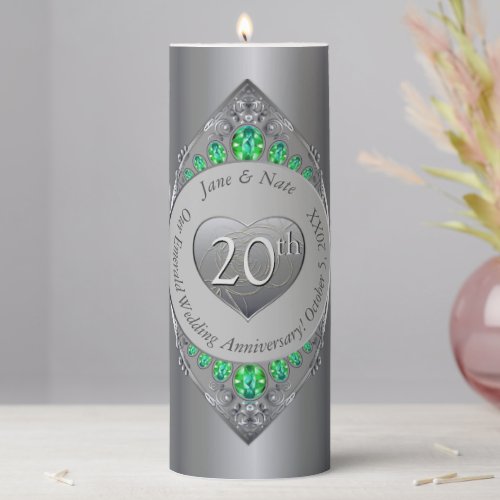 20th Emerald Wedding Anniversary Pillar Candle