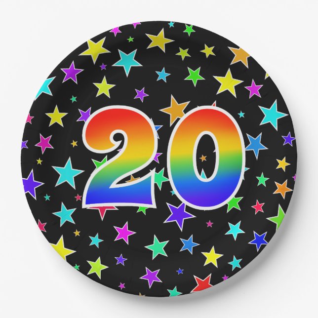 20th Event: Bold, Fun, Colorful Rainbow 20 Paper Plates (Front)