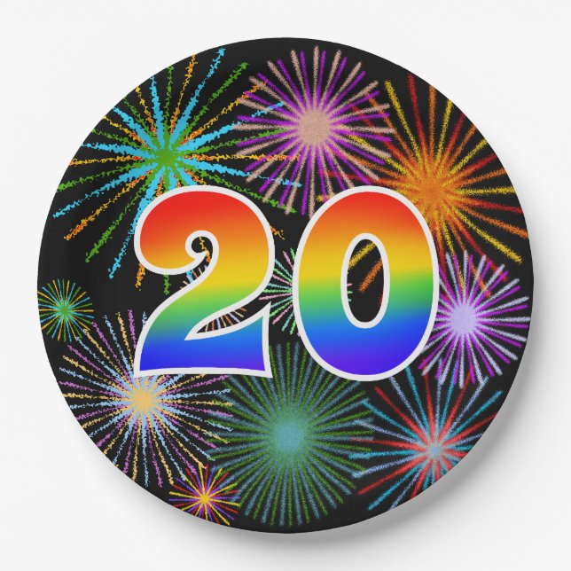 20th Event - Fun, Colorful, Bold, Rainbow 20 Paper Plates (Front)