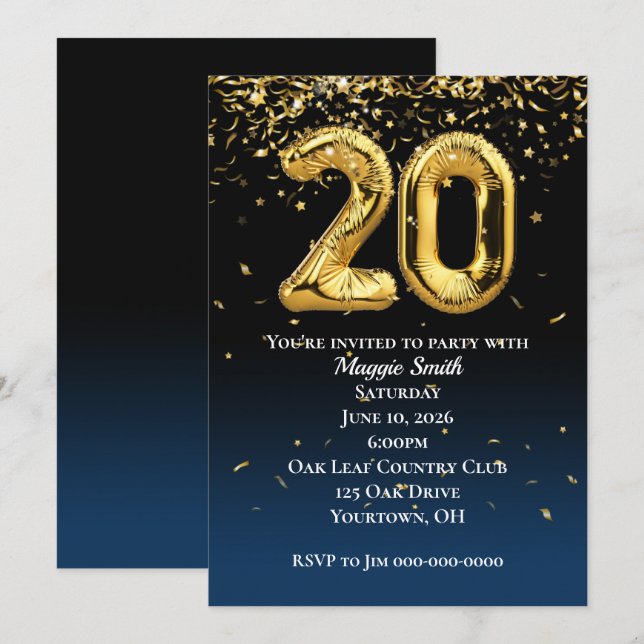 20th Gold Birthday Balloons and Confetti Invitation (Front/Back)