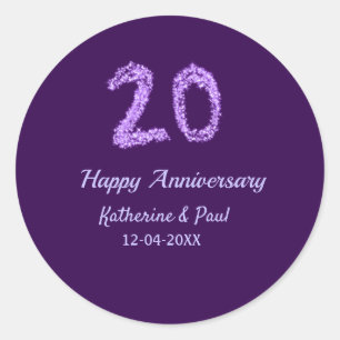 20th happy anniversary add couple name date purple classic round sticker