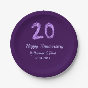 20th happy anniversary add couple name date purple paper plates