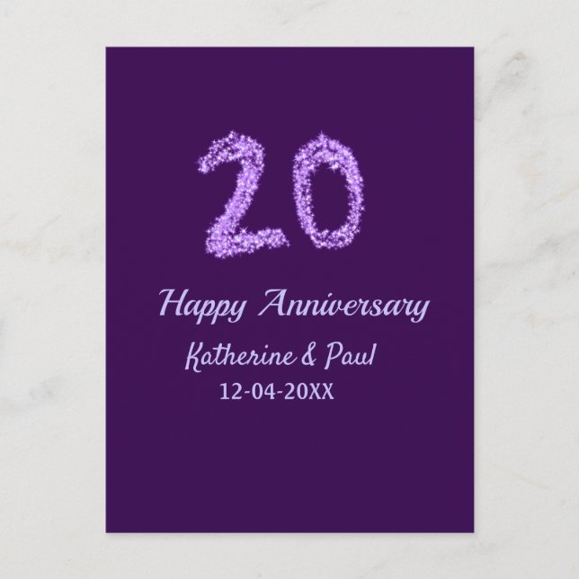 20th happy anniversary add couple name date purple postcard (Front)