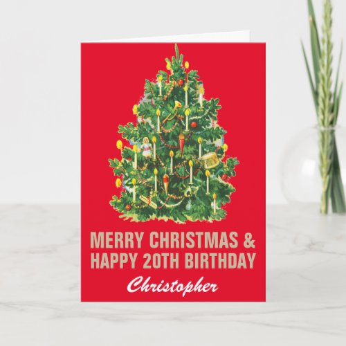 20th Happy Birthday and Merry Christmas Red  Gold Card