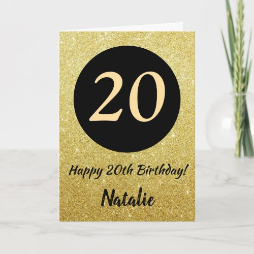 20th Happy Birthday Black and Gold Glitter Card