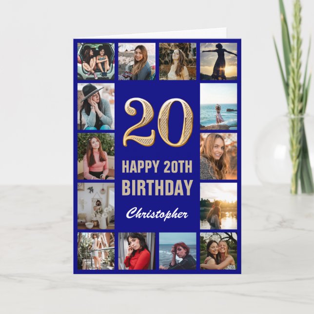 20th Happy Birthday Navy Blue & Gold Photo Collage Card (Front)
