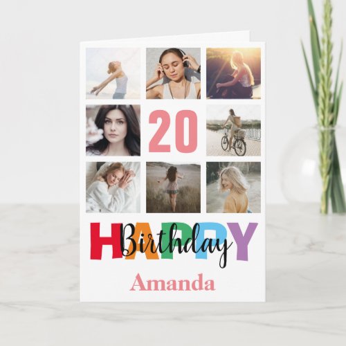 20th Happy Birthday Photo Collage Modern Pink Card