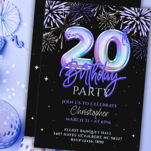 20th Mens Blue Fireworks Foil Balloon Birthday  Invitation