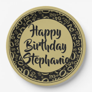 20th Party Random Number Pattern Black/Gold Paper Plates
