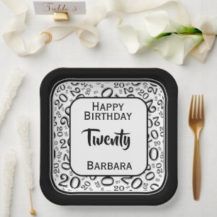 20th Party Random Number Pattern Black/White Paper Plates