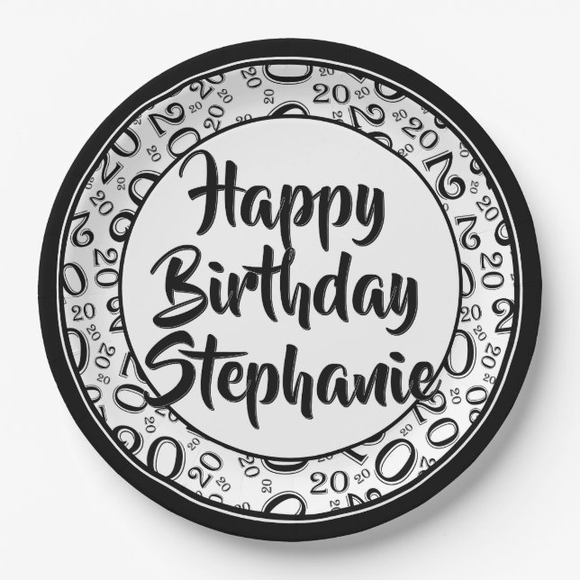 20th Party Random Number Pattern Black/White Paper Plates (Front)