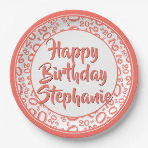 20th Party Random Number Pattern Coral/White Paper Plates