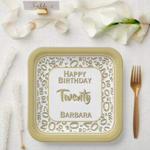 20th Party Random Number Pattern Gold/White Paper Plates