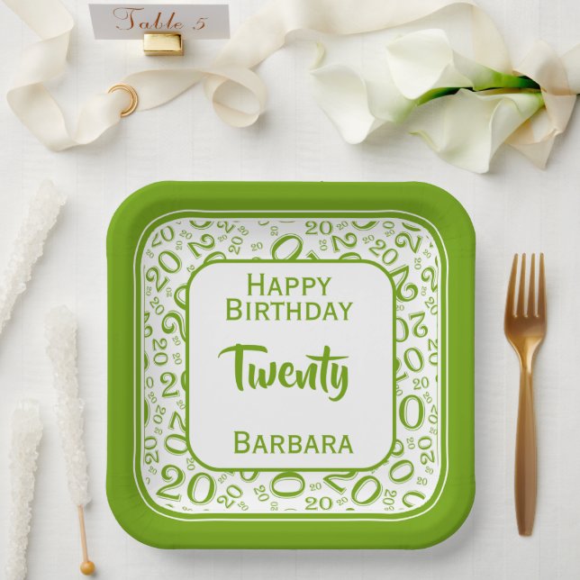 20th Party Random Number Pattern Green/White Paper Plates (Wedding)