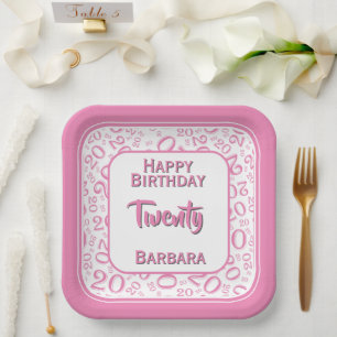 20th Party Random Number Pattern Pink/White Paper Plates
