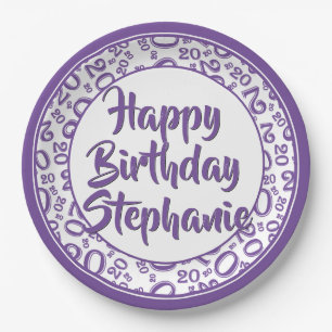 20th Party Random Number Pattern Purple/White Paper Plates