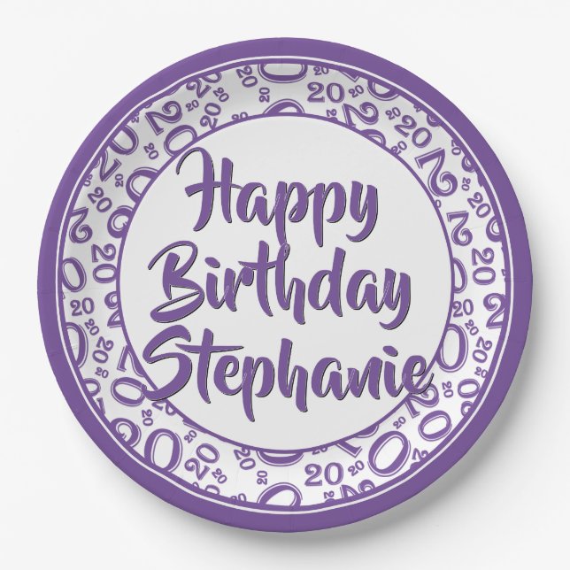 20th Party Random Number Pattern Purple/White Paper Plates (Front)