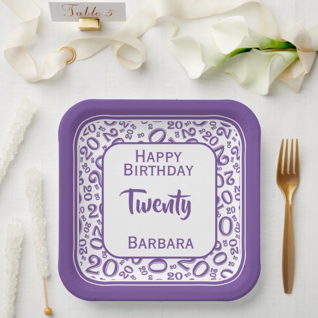 20th Party Random Number Pattern Purple/White Paper Plates (Wedding)