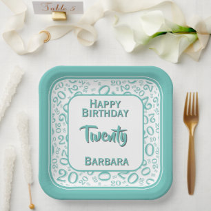 20th Party Random Number Pattern Teal/White Paper Plates