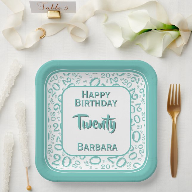 20th Party Random Number Pattern Teal/White Paper Plates (Wedding)