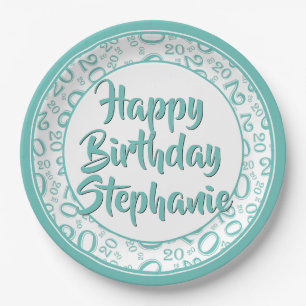 20th Party Random Number Pattern Teal/White Paper Plates