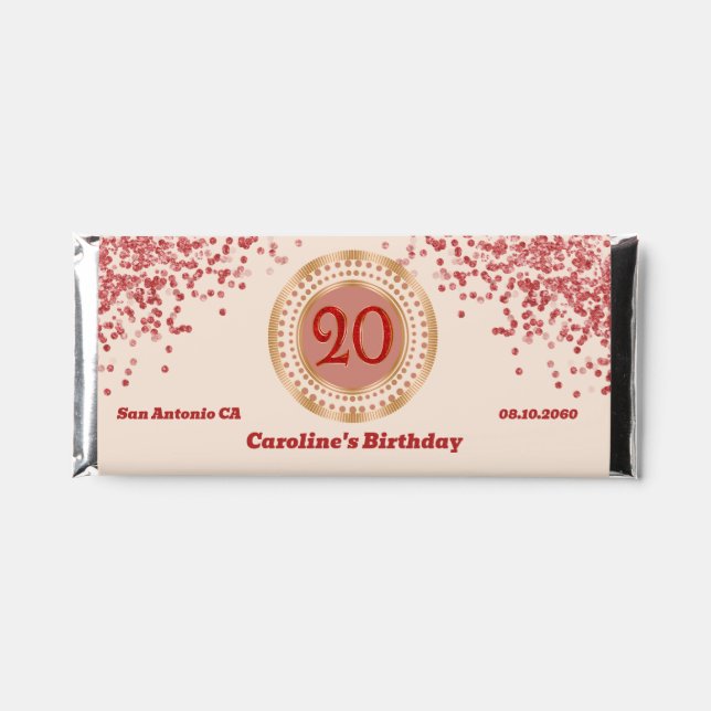 20th Ruby Red Glitter Birthday Chocolate  Hershey Bar Favors (Front)
