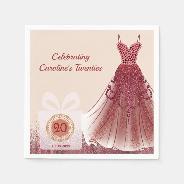 20th Ruby Red Glitter Birthday Luxury Napkins (Front)