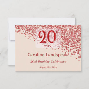 20th Ruby Red Glitter Burgundy Birthday RSVP  Card