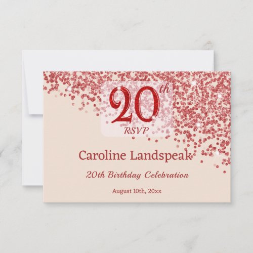 20th Ruby Red Glitter Burgundy Birthday RSVP  Card