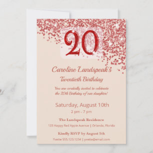 20th Ruby Red Glitter Champagne Birthday Invitation