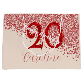 20th Ruby Red Glitter Champagne Birthday Large Gift Bag