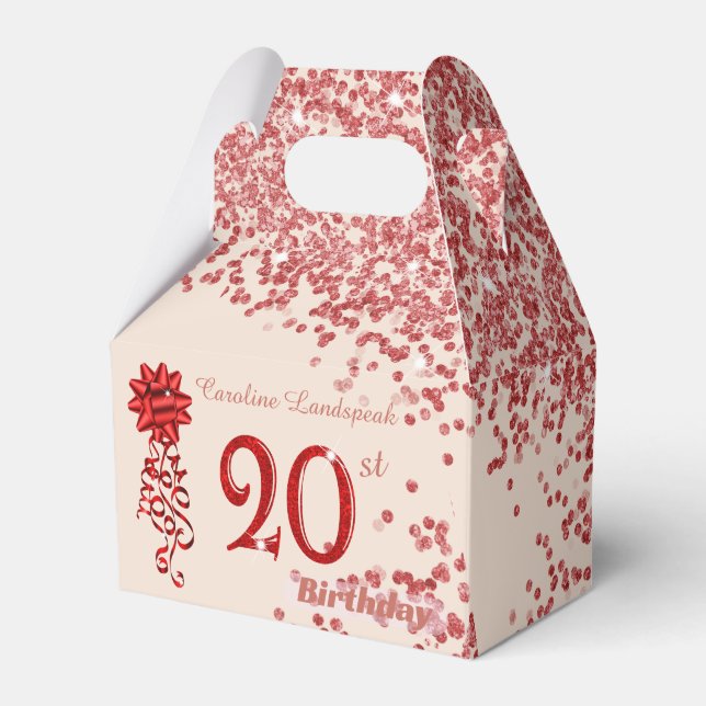 20th Ruby Red Glitter Champagne Gold Birthday  Favor Boxes (Front Side)