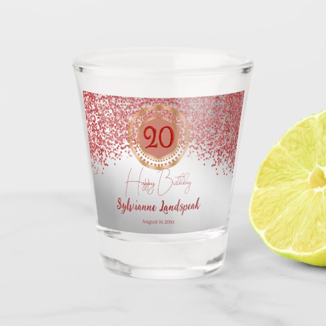 20th Ruby Red Glitter Silver Birthday Shot Glass (Front)