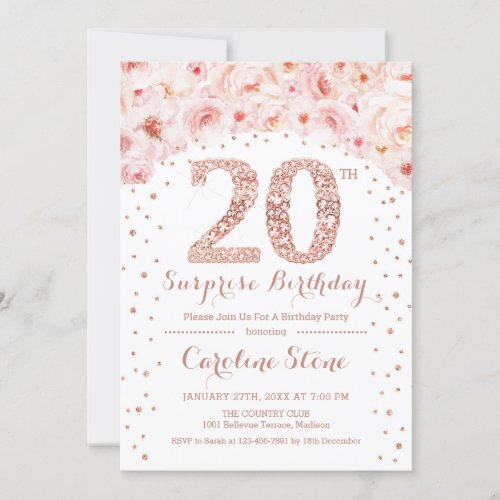 20th Surprise Birthday Party _ White Rose Gold Invitation