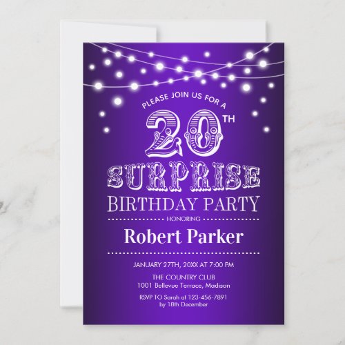 20th Surprise Birthday _ Purple White Invitation