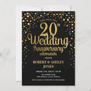 20th Wedding Anniversary - Black & Gold Invitation