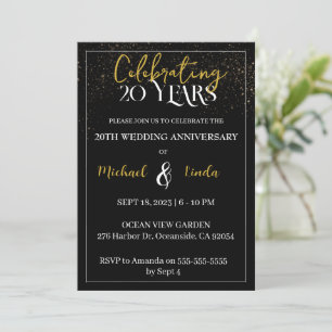 20th Wedding Anniversary Black Gold Modern Invitation