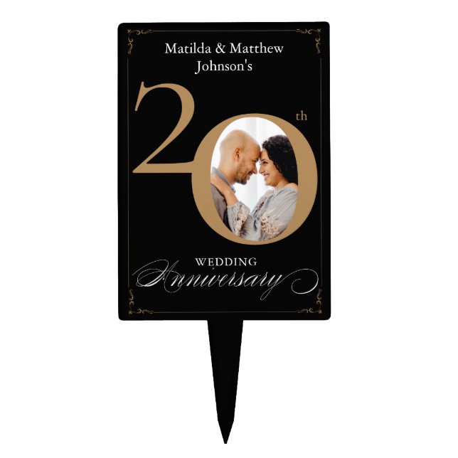 20th Wedding Anniversary Black Gold Script Photo Cake Topper (Front)