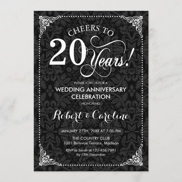 20th Wedding Anniversary - Black White Damask Invitation | Zazzle