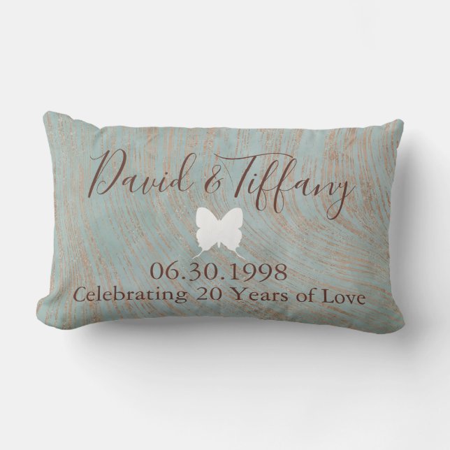 20th Wedding Anniversary Blue and Copper print Lumbar Pillow (Front)