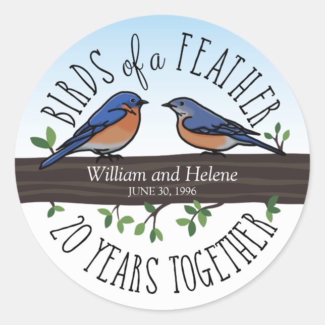 20th Wedding Anniversary, Bluebirds of a Feather Classic Round Sticker (Front)