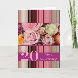 20th Wedding Anniversary Card -Pastel roses stripe