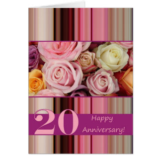 20th Wedding Anniversary Card -Pastel roses stripe