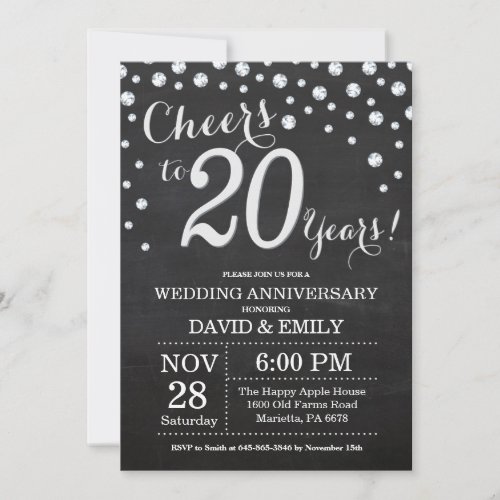 20th Wedding Anniversary Chalkboard Black Silver Invitation