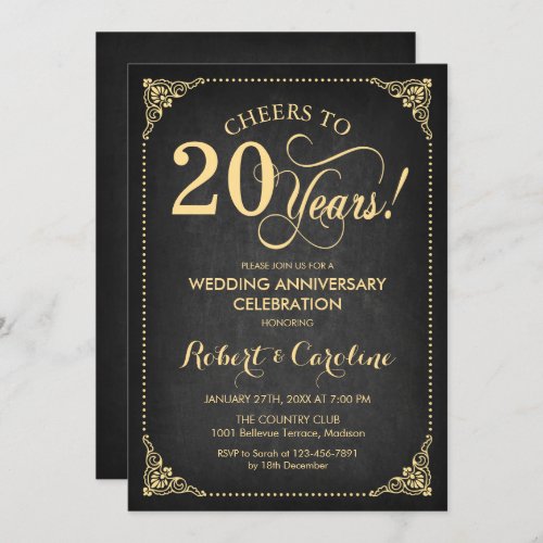 20th Wedding Anniversary _ Chalkboard Gold Invitation