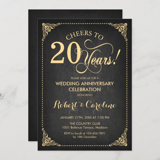 20th Wedding Anniversary - Chalkboard Gold Invitation (Front/Back)